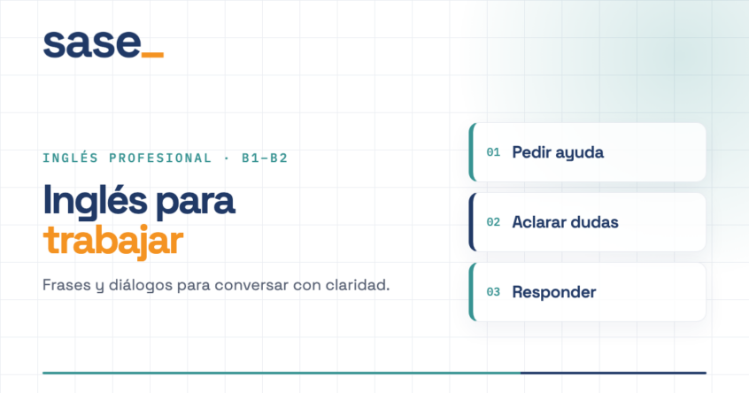 Portada de SASE: Inglés para trabajar, con tres acciones: pedir ayuda, aclarar dudas y responder en una entrevista.
